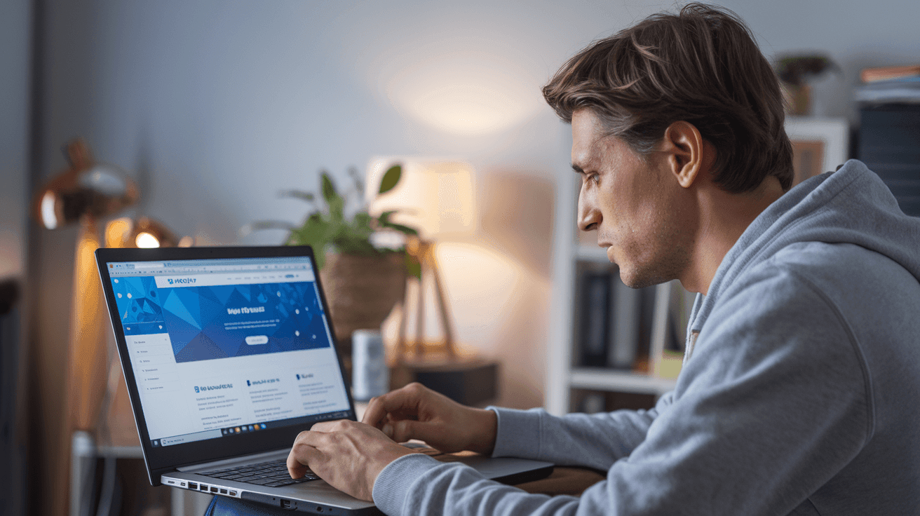 Person in hoodie working on a laptop with a webpage open in a cozy home office setting.