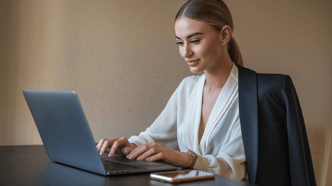 Person in a white blouse and black blazer typing on a laptop with a smartphone on the table.