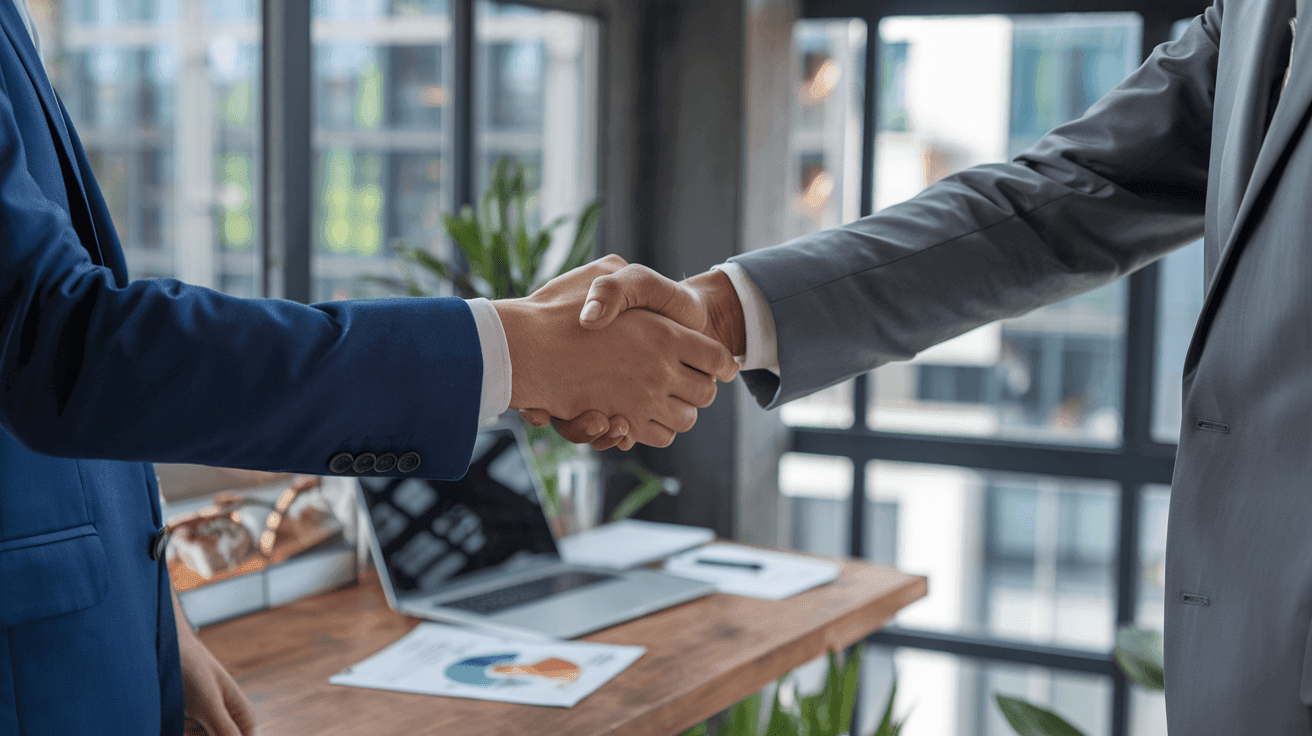 Two business professionals shaking hands in an office with a laptop and documents on a desk.