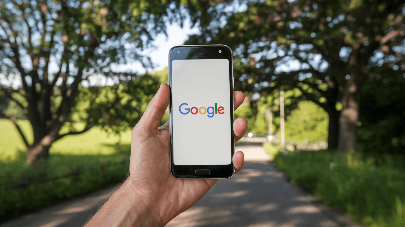 Hand holding a smartphone displaying the Google logo, with a blurred background of trees and a pathway.