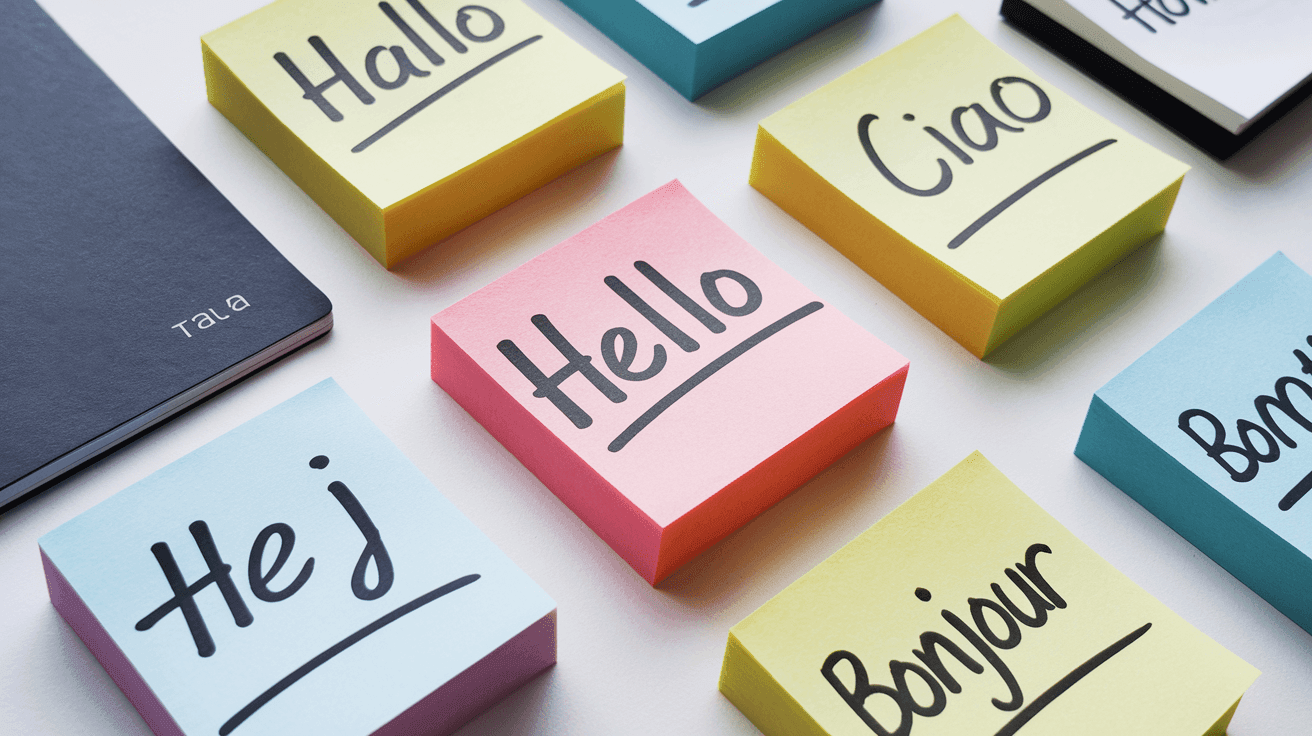 Colorful sticky notes with greetings in different languages placed on a table.